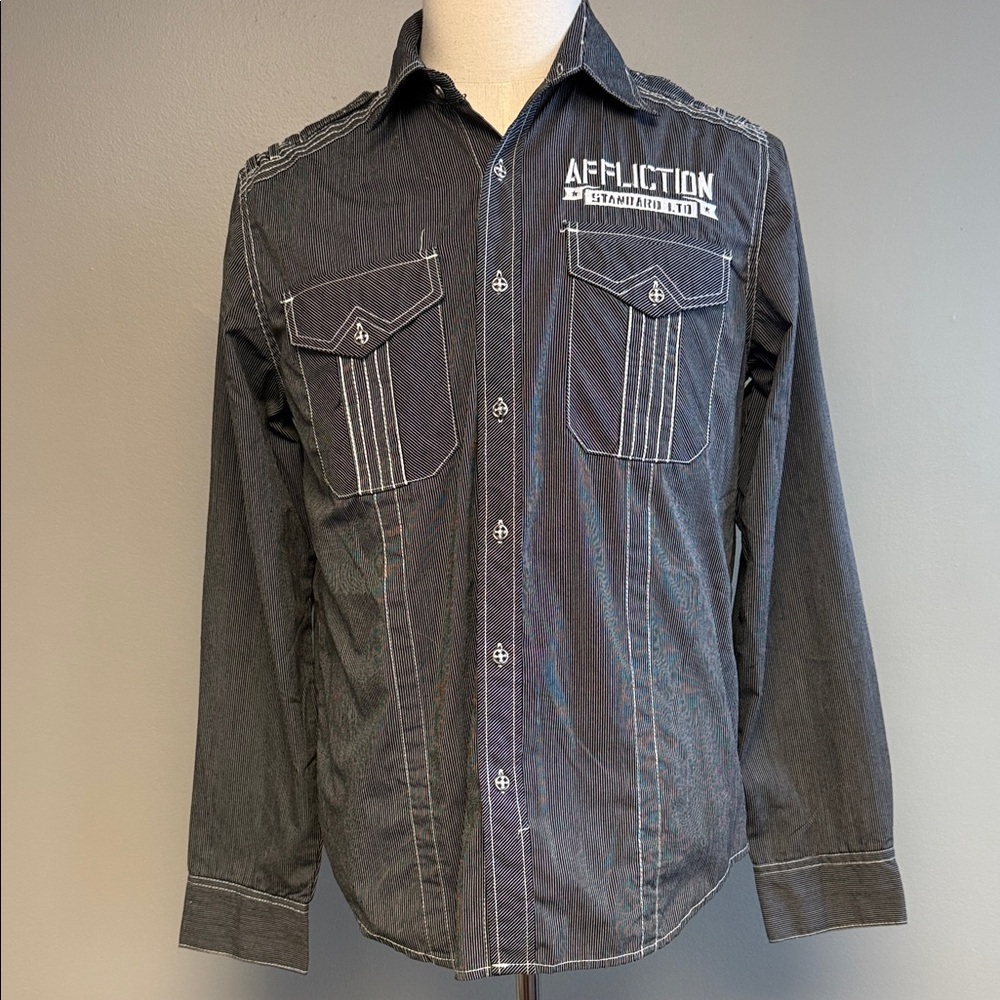 Affliction Buckle Exclusive Button Shirt Mens M Black Embroidered